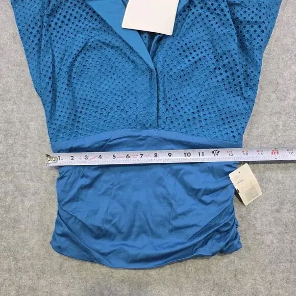 Akris Punto Blouse Womens 12 Blue Eyelet‎ Collared Sleeveless Stretch Sheer NWT